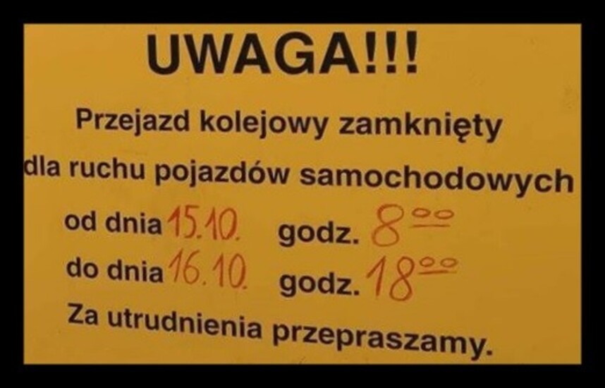 UWAGA! Zamknięty przejazd kolejowy w Wieprzu!!!