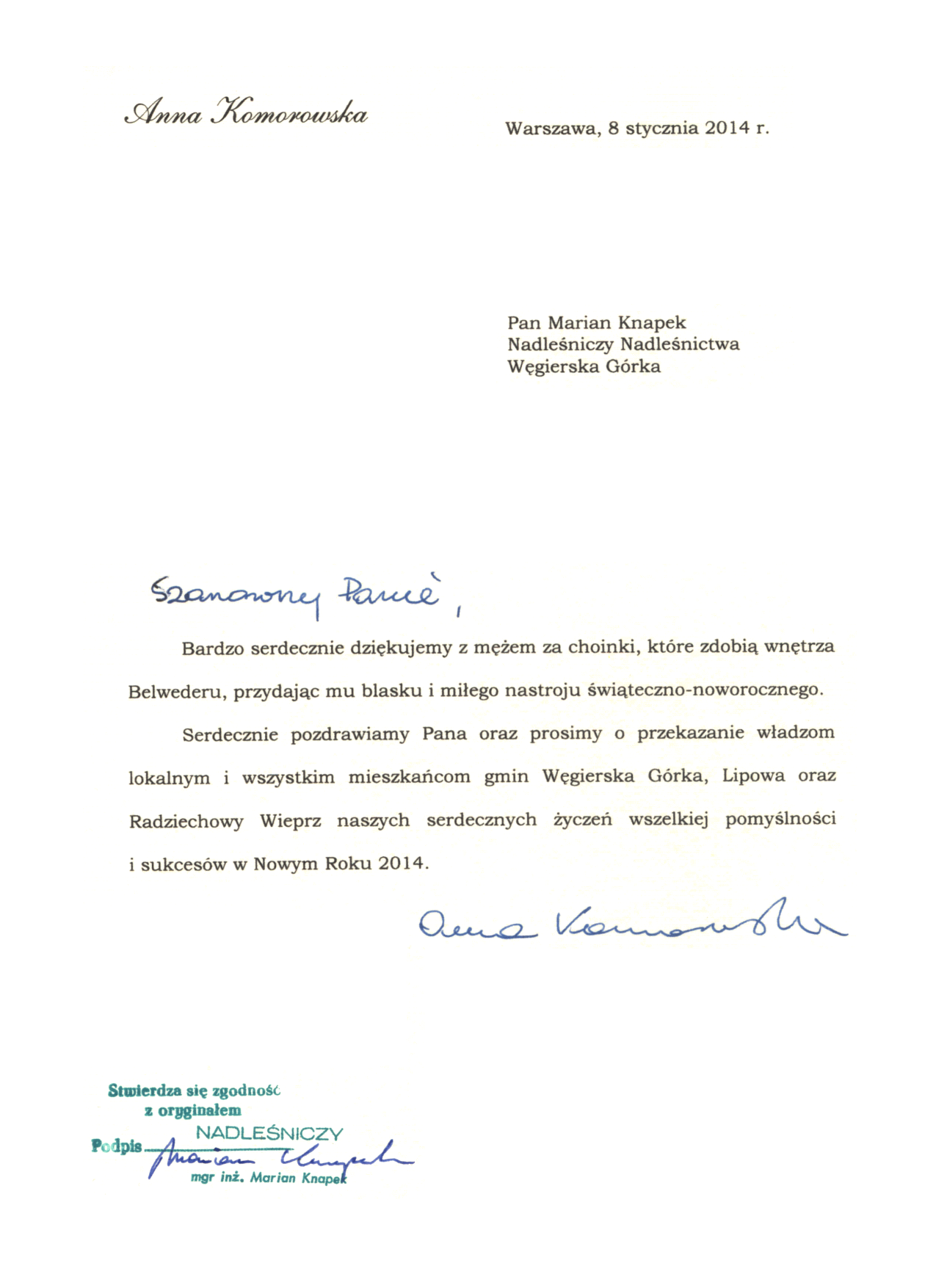 Podziękowanie Pani Anny Komorowskiej dla Gminy Radziechowy-Wieprz