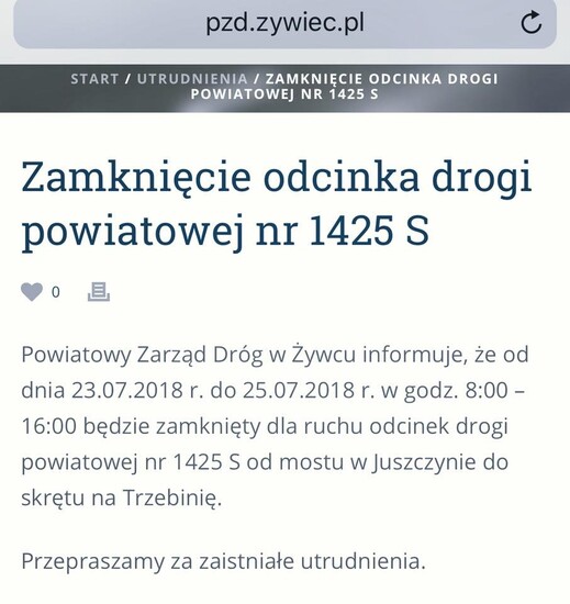 Zamknięcie odcinka drogi powiatowej nr 1425 S