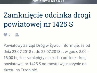 Zamknięcie odcinka drogi powiatowej nr 1425 S