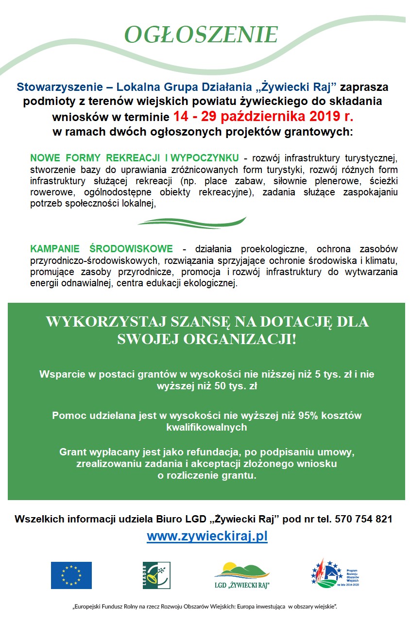 Informacja na temat ogłoszonych naborów na projekty grantowe - LGD ''Żywiecki Raj''