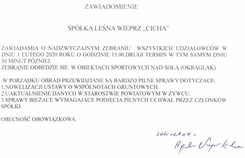 SPÓŁKA LEŚNA WIEPRZ &#039;&#039;CICHA&#039;&#039; ZAWIADAMIA: