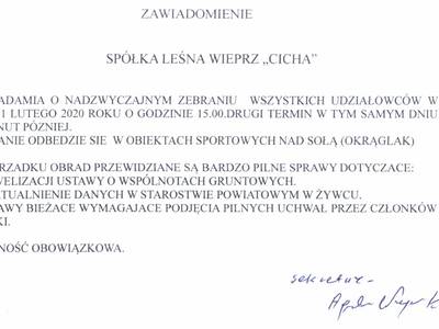 SPÓŁKA LEŚNA WIEPRZ ''CICHA'' ZAWIADAMIA: