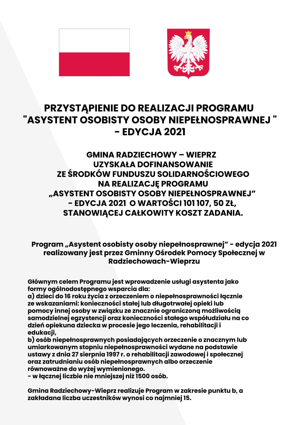 Przystąpienie do realizacji programu: &quot;Asystent Osobisty Osoby Niepełnosprawnej&quot; - edycja 2021