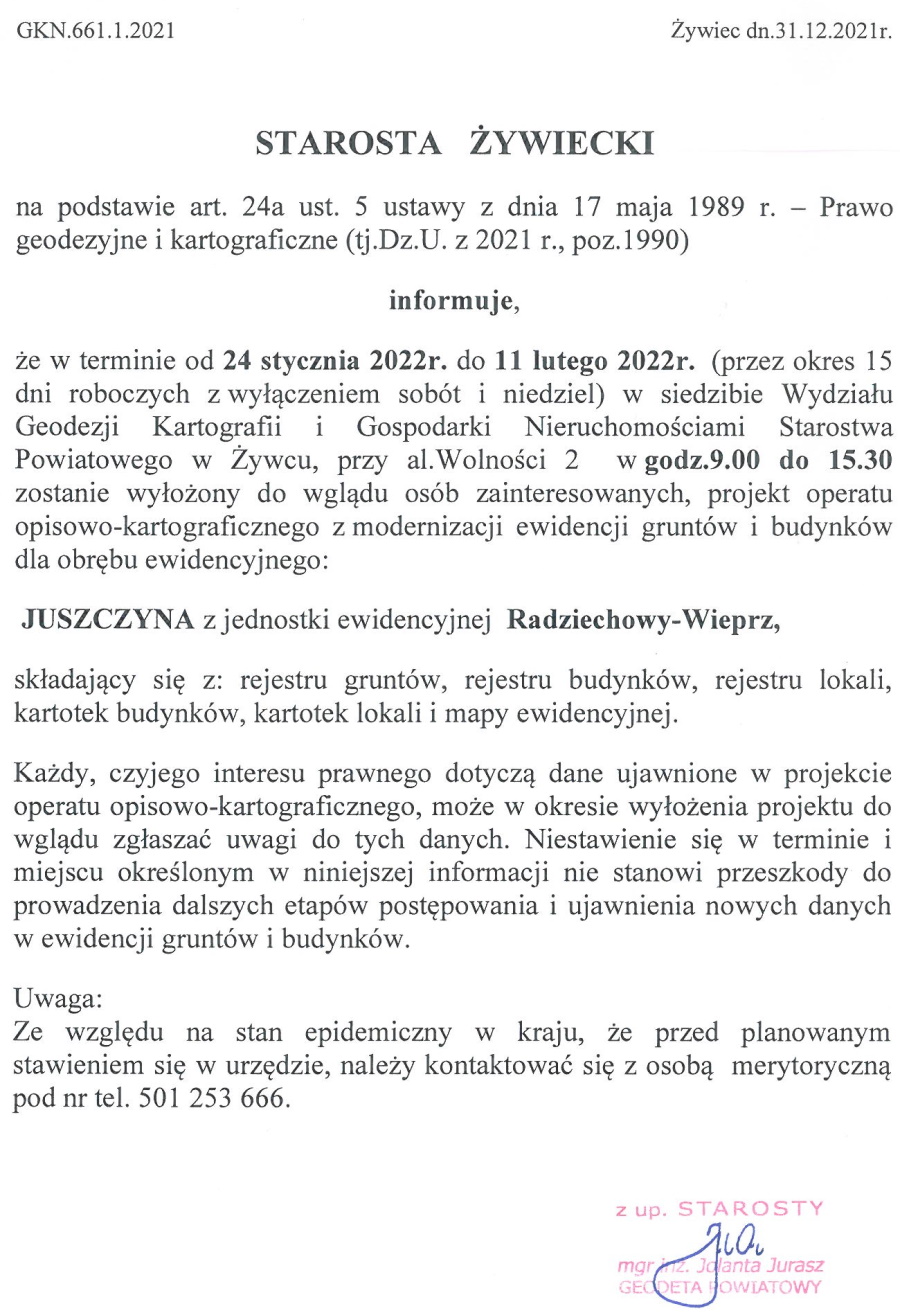 JUSZCZYNA - informacja o terminie i miejscu wyłożenia projektu operatu opisowo-kartograficznego, powstałego...